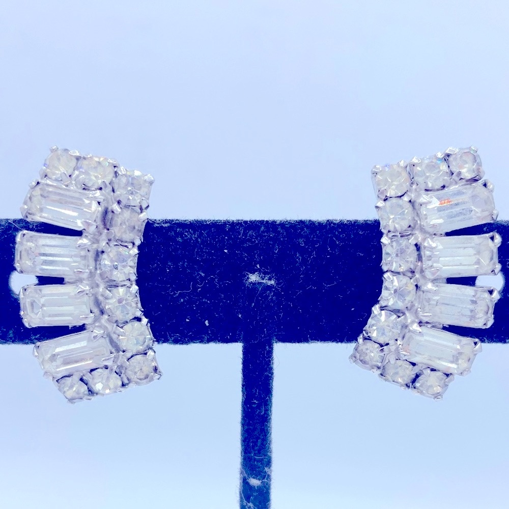 Vintage Clear Rhinestone Silver Tone Climber Clip On  Earrings